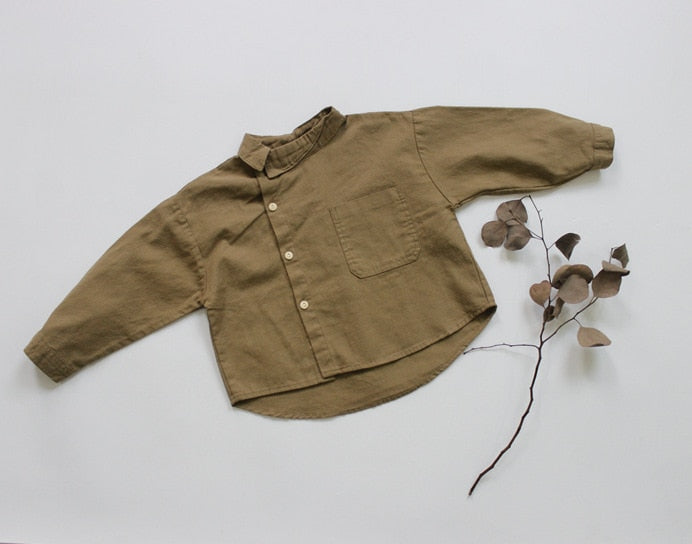 -キッズ コットンリネン アシメボタン 長袖 シャツ ブラウス デザインシャツ - mamahalo shop - 長袖シャツ・ブラウス -  べビー服 - 子供服 - 男の子 - 女の子