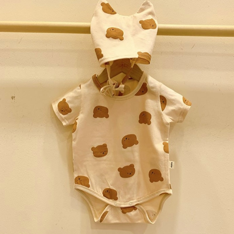 -ベビーロンパース 耳帽子セット 半袖ボディスーツ くまベアプリント 4カラー【mh0000036】 - mamahalo shop - 半袖ロンパース -  べビー服 - 子供服 - 男の子 - 女の子