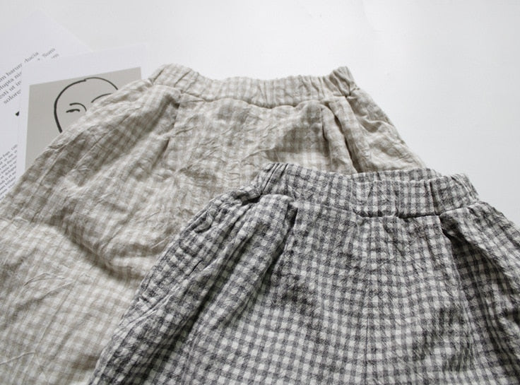 -キッズ コットンリネン チェック ルーズ パンツ - mamahalo shop - ロングパンツ・スウェットパンツ -  べビー服 - 子供服 - 男の子 - 女の子