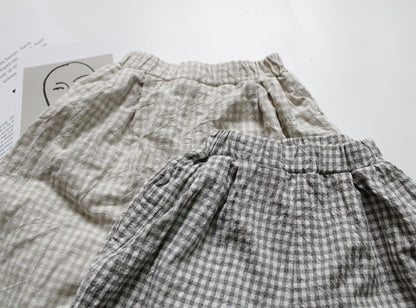 -キッズ コットンリネン チェック ルーズ パンツ - mamahalo shop - ロングパンツ・スウェットパンツ -  べビー服 - 子供服 - 男の子 - 女の子