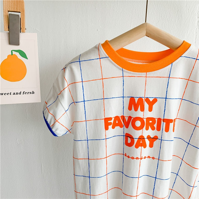 -キッズ チェック レターロゴ 半袖 セットアップ Tシャツ ショートパンツ ワンピース リンク 兄弟 姉妹 お揃い コーデ【mh0001901】 - mamahalo shop - 半袖セットアップ -  べビー服 - 子供服 - 男の子 - 女の子