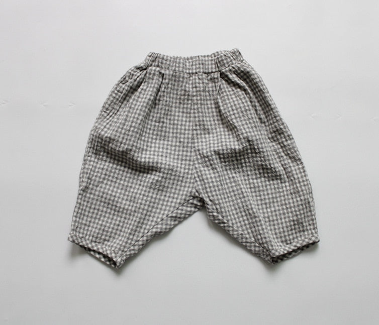-キッズ コットンリネン チェック ルーズ パンツ - mamahalo shop - ロングパンツ・スウェットパンツ -  べビー服 - 子供服 - 男の子 - 女の子
