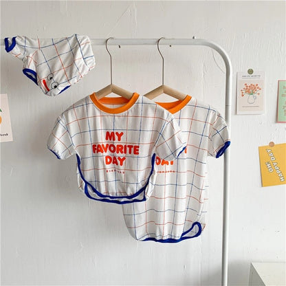 -キッズ チェック レターロゴ 半袖 セットアップ Tシャツ ショートパンツ ワンピース リンク 兄弟 姉妹 お揃い コーデ【mh0001901】 - mamahalo shop - 半袖セットアップ -  べビー服 - 子供服 - 男の子 - 女の子