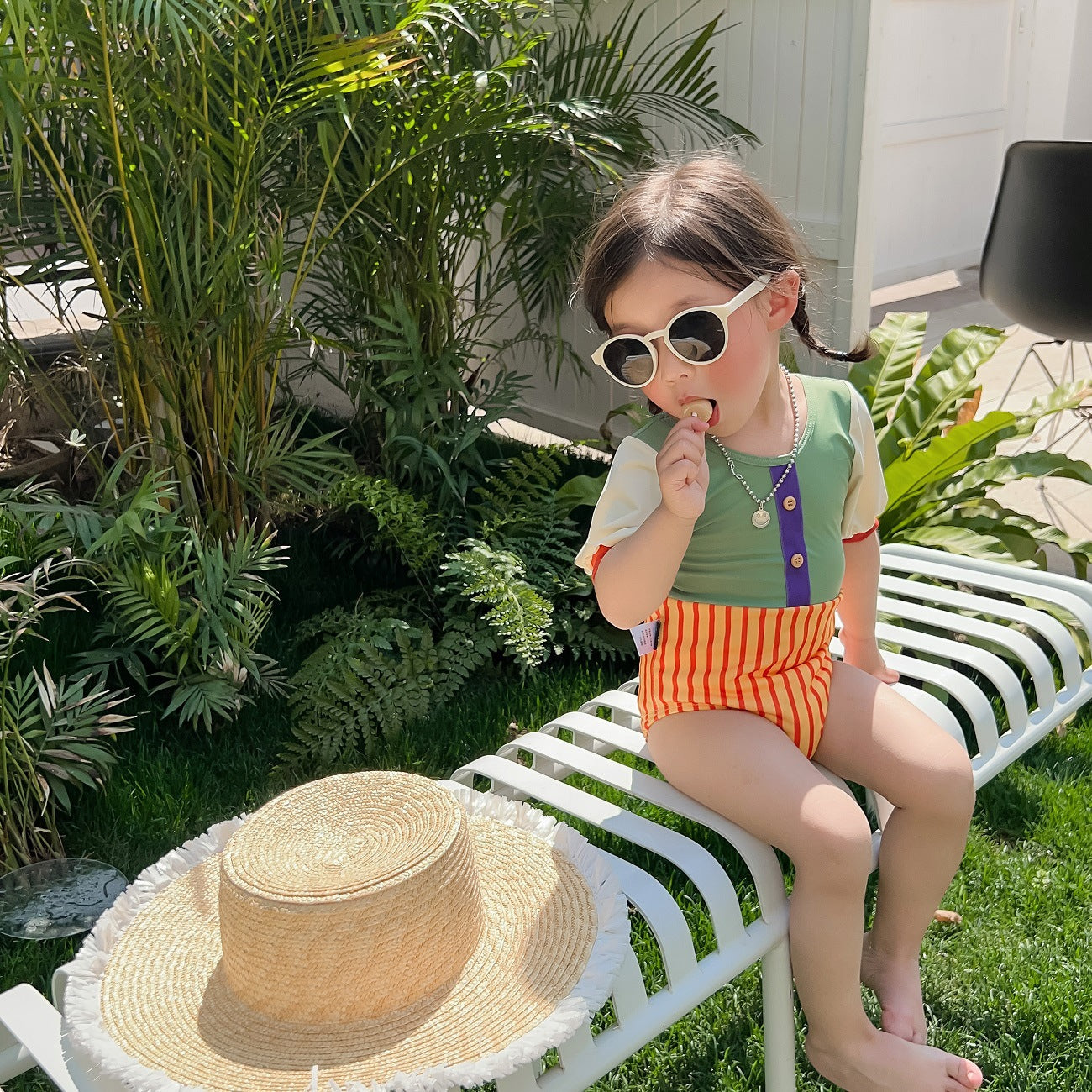 -キッズ 水着 パッチワーク 半袖 切り替え ワンピース ガールズ スイムウェア【mh0001863】 - mamahalo shop - ベビー用水着 -  べビー服 - 子供服 - 男の子 - 女の子