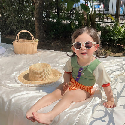 -キッズ 水着 パッチワーク 半袖 切り替え ワンピース ガールズ スイムウェア【mh0001863】 - mamahalo shop - ベビー用水着 -  べビー服 - 子供服 - 男の子 - 女の子