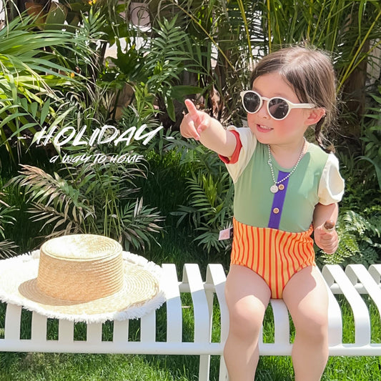 -キッズ 水着 パッチワーク 半袖 切り替え ワンピース ガールズ スイムウェア【mh0001863】 - mamahalo shop - ベビー用水着 -  べビー服 - 子供服 - 男の子 - 女の子