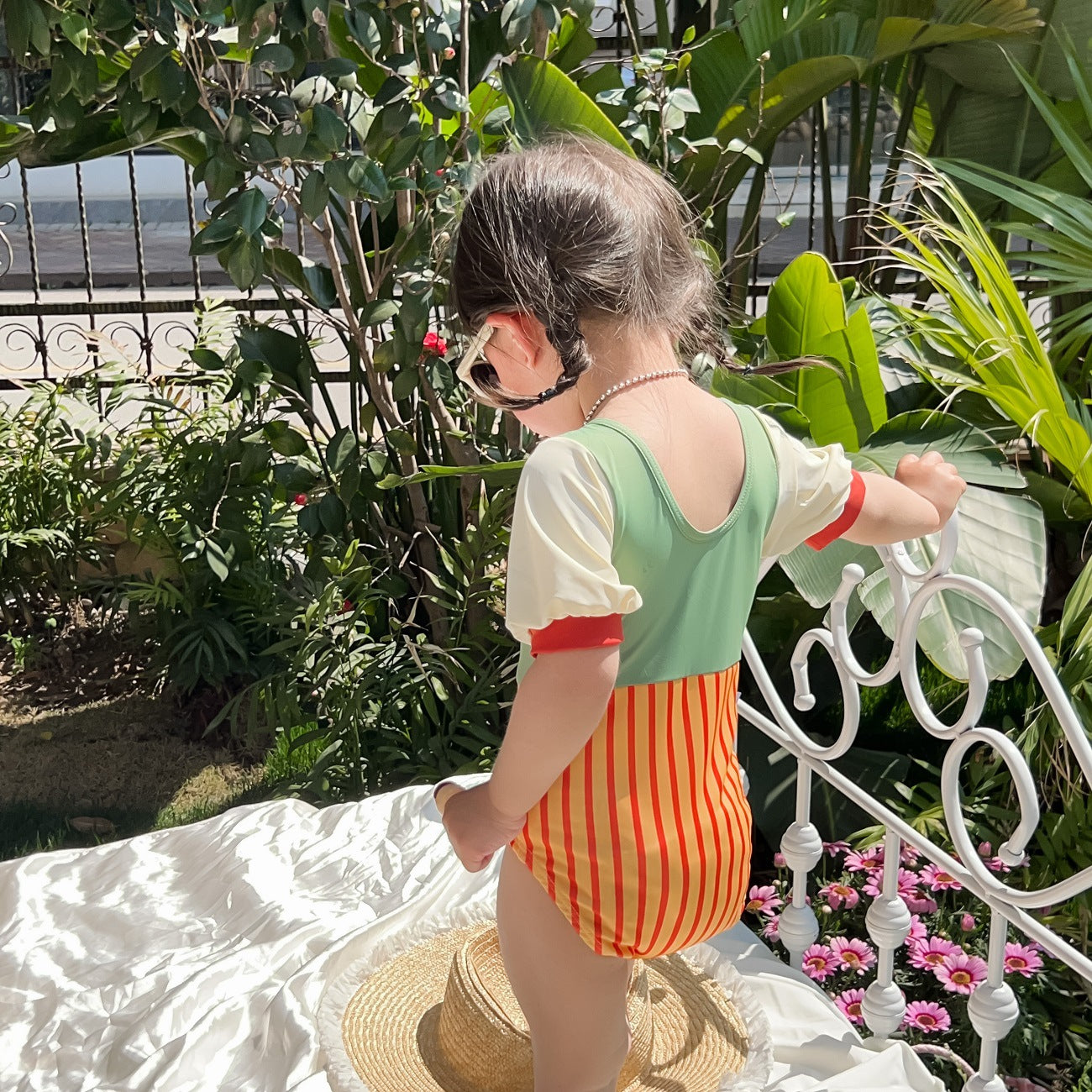 -キッズ 水着 パッチワーク 半袖 切り替え ワンピース ガールズ スイムウェア【mh0001863】 - mamahalo shop - ベビー用水着 -  べビー服 - 子供服 - 男の子 - 女の子