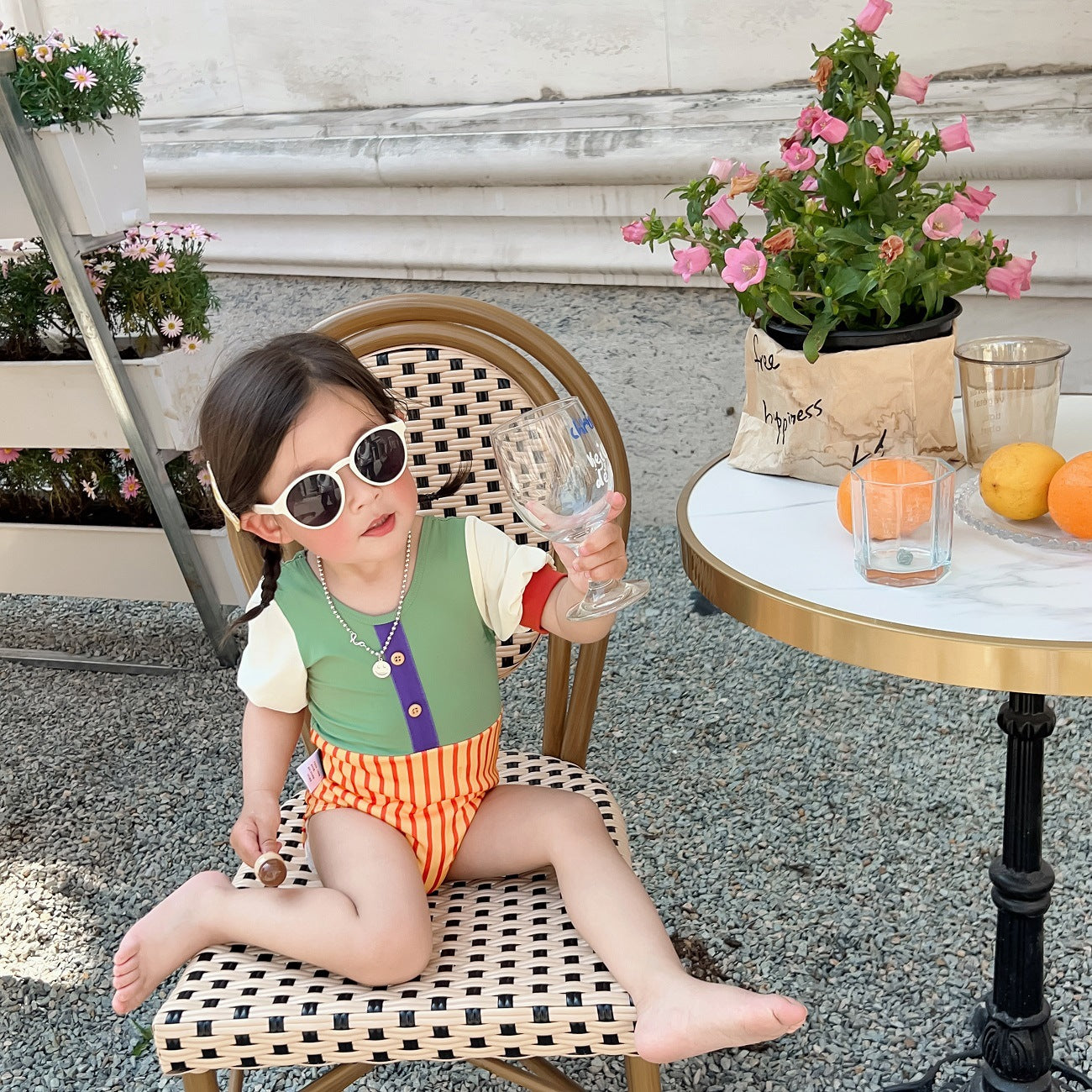 -キッズ 水着 パッチワーク 半袖 切り替え ワンピース ガールズ スイムウェア【mh0001863】 - mamahalo shop - ベビー用水着 -  べビー服 - 子供服 - 男の子 - 女の子