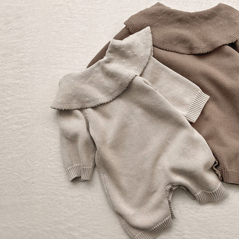 -ベビー ニット ビッグカラー 長袖 ジャンプスーツ 帽子 セット - mamahalo shop - 長袖ロンパース -  べビー服 - 子供服 - 男の子 - 女の子