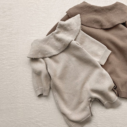 -ベビー ニット ビッグカラー 長袖 ジャンプスーツ 帽子 セット - mamahalo shop - 長袖ロンパース -  べビー服 - 子供服 - 男の子 - 女の子