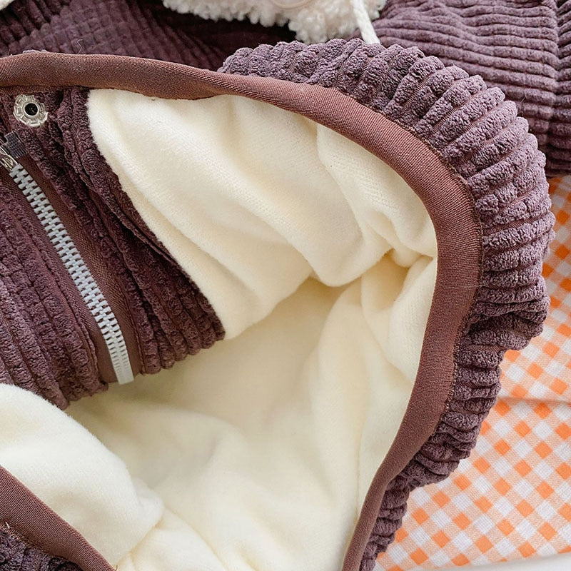 -キッズ コーデュロイ 裏フリース くま耳 フーディ ジャケット ポシェット セット アウター - mamahalo shop - ショートコート・ジャケット・ジャンパー -  べビー服 - 子供服 - 男の子 - 女の子