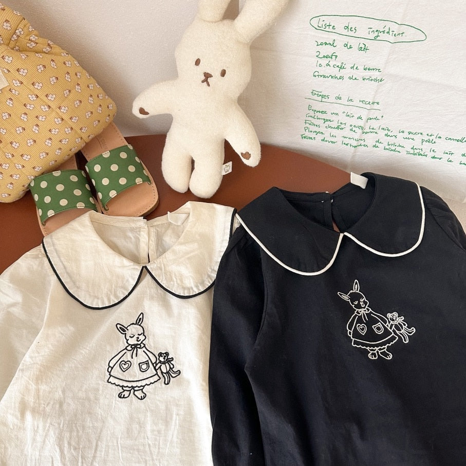 -キッズ うさぎ バニー 刺繍 長袖 ブラウス スモック - mamahalo shop - 長袖シャツ・ブラウス -  べビー服 - 子供服 - 男の子 - 女の子