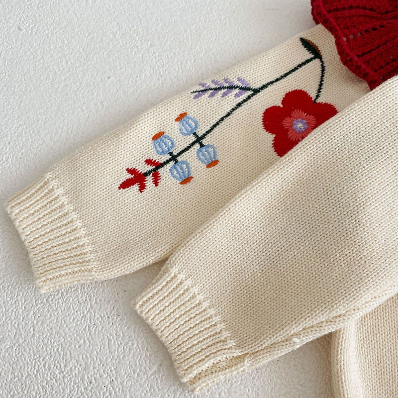 -ベビー ニット セットアップ フラワー 刺繍 フリル セーター ショートパンツ ブルマ - mamahalo shop - 長袖セットアップ -  べビー服 - 子供服 - 男の子 - 女の子
