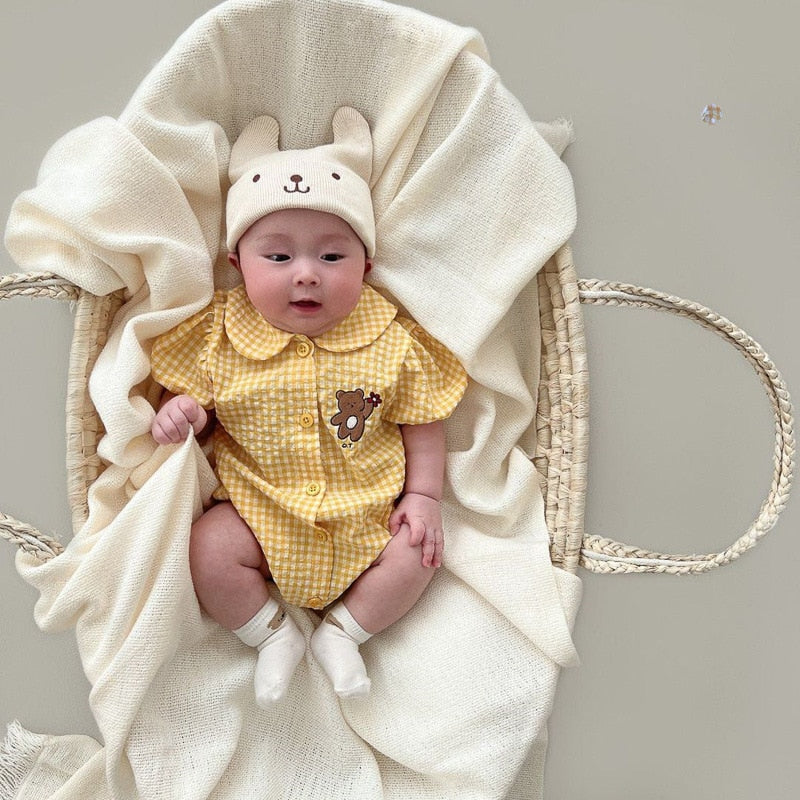 -ベビー チェック くま ベア 半袖 パフスリーブ ブラウス シャツ ロンパース - mamahalo shop - 半袖ロンパース -  べビー服 - 子供服 - 男の子 - 女の子