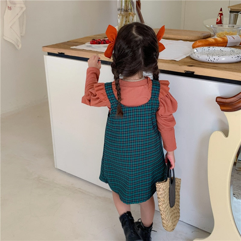 -キッズ セットアップ チェック フリル サスペンダー ワンピース パフスリーブ 長袖 Tシャツ - mamahalo shop - 長袖セットアップ -  べビー服 - 子供服 - 男の子 - 女の子
