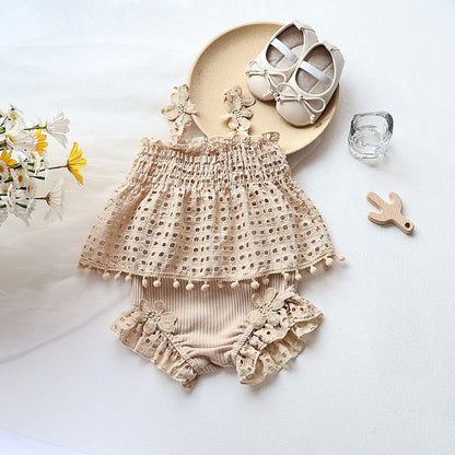 -ベビー セットアップ レース フラワー キャミソール チュニック ブラウス フリル ブルマパンツ ショートパンツ ガールズ【mh0002162】 - mamahalo shop - ノースリーブセットアップ -  べビー服 - 子供服 - 男の子 - 女の子
