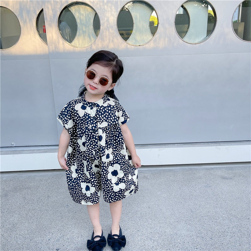 -キッズ 北欧風 ビッグ フラワー 半袖 ルーズ ジャンプスーツ つなぎ - mamahalo shop - 半袖ジャンプスーツ -  べビー服 - 子供服 - 男の子 - 女の子