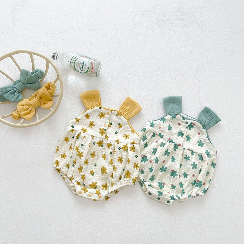 -ベビー フラワー ノースリーブ キャミソール ロンパース リボン ヘアバンド セット - mamahalo shop - ノースリーブロンパース -  べビー服 - 子供服 - 男の子 - 女の子