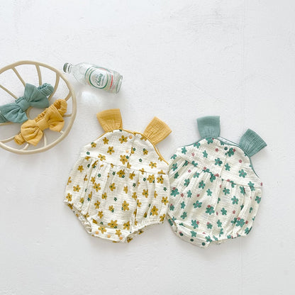 -ベビー フラワー ノースリーブ キャミソール ロンパース リボン ヘアバンド セット - mamahalo shop - ノースリーブロンパース -  べビー服 - 子供服 - 男の子 - 女の子