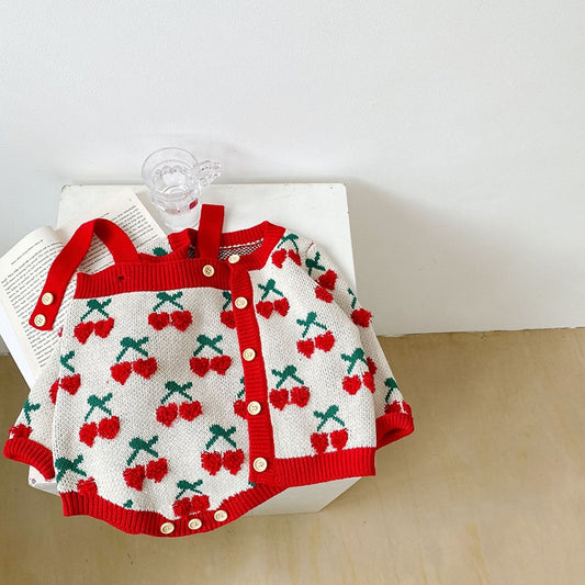 -ベビー ニット セットアップ ハート チェリー さくらんぼ カーディガン サスペンダー ロンパース - mamahalo shop - ロンパースセットアップ -  べビー服 - 子供服 - 男の子 - 女の子