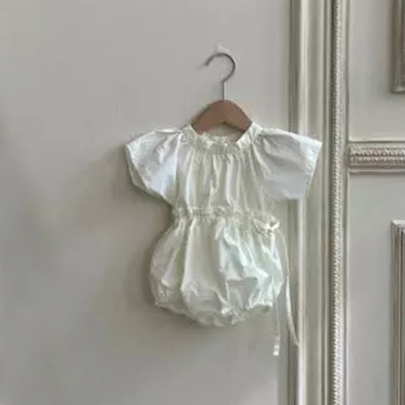 -ベビー ウエストマーク 半袖 ロンパース ピンク ベージュ ガールズ【mh0002089】 - mamahalo shop - 半袖ロンパース -  べビー服 - 子供服 - 男の子 - 女の子