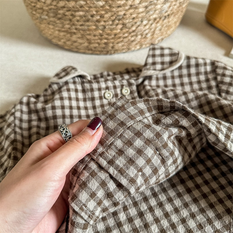 -キッズ チェック ダブルボタン 長袖 ルーズ シャツ ブラウス - mamahalo shop - 長袖シャツ・ブラウス -  べビー服 - 子供服 - 男の子 - 女の子