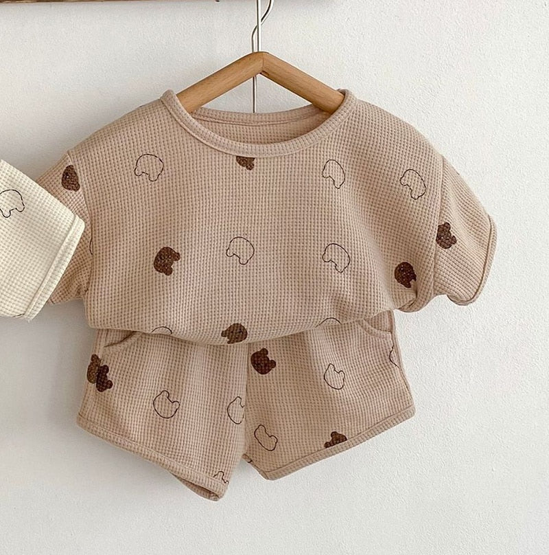 -ベビー セットアップ ワッフル くま ベア 半袖 Tシャツ ショートパンツ ベージュ ブラウン - mamahalo shop - 半袖セットアップ -  べビー服 - 子供服 - 男の子 - 女の子