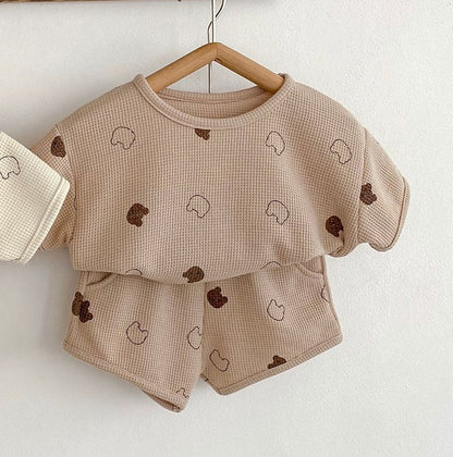 -ベビー セットアップ ワッフル くま ベア 半袖 Tシャツ ショートパンツ ベージュ ブラウン - mamahalo shop - 半袖セットアップ -  べビー服 - 子供服 - 男の子 - 女の子