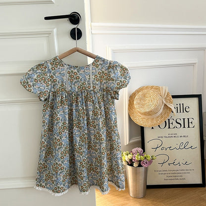 -キッズ フラワー 花柄 レース 半袖 パフスリーブ ワンピース ガールズ - mamahalo shop - 半袖ワンピース -  べビー服 - 子供服 - 男の子 - 女の子