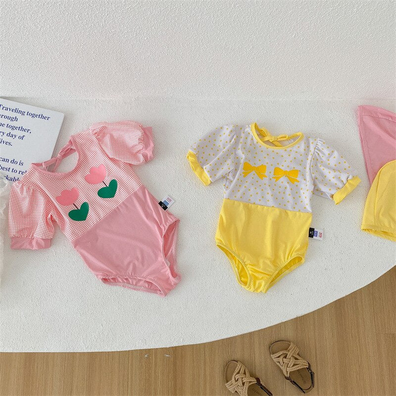 -キッズ 水着 ワンピース リボン チューリップ 帽子 セット スイムウェア【mh0001892】 - mamahalo shop - ベビー用水着 -  べビー服 - 子供服 - 男の子 - 女の子