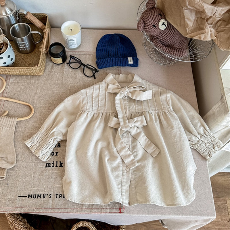 -キッズ ストライプ ピンタック リボン ルーズ 長袖 ブラウス シャツ ジャケット ガールズ - mamahalo shop - ショートコート・ジャケット・ジャンパー -  べビー服 - 子供服 - 男の子 - 女の子