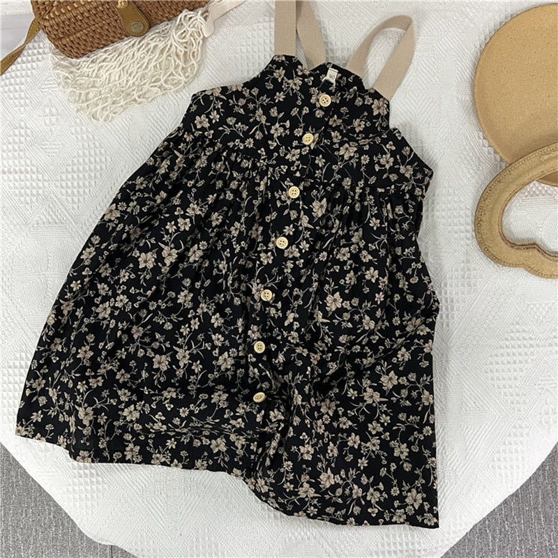 -キッズ フラワー 小花柄 キャミソール サスペンダー フロントボタン ワンピース - mamahalo shop - ノースリーブワンピース -  べビー服 - 子供服 - 男の子 - 女の子