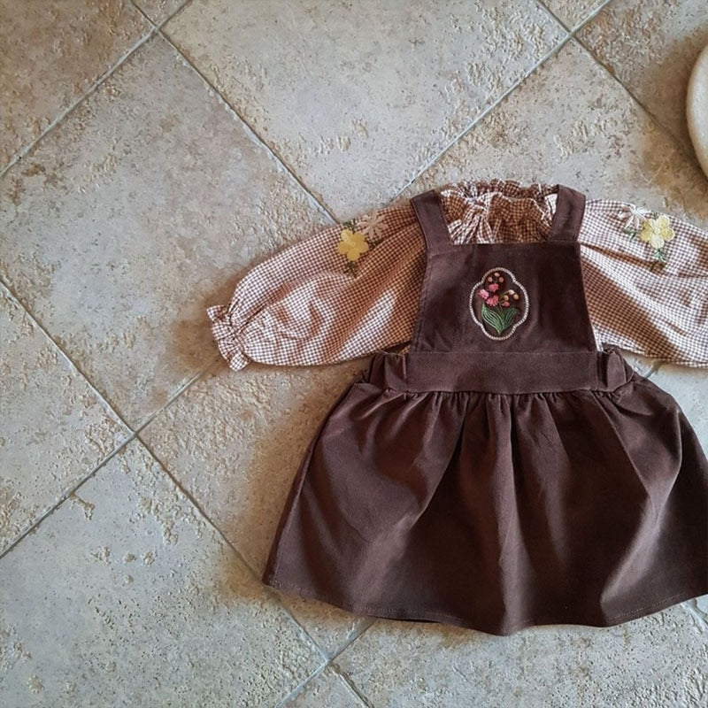 -ベビー チェック 無地 フラワー 刺繍 パフスリーブ 長袖 スモック ブラウス トップス - mamahalo shop - 長袖シャツ・ブラウス -  べビー服 - 子供服 - 男の子 - 女の子