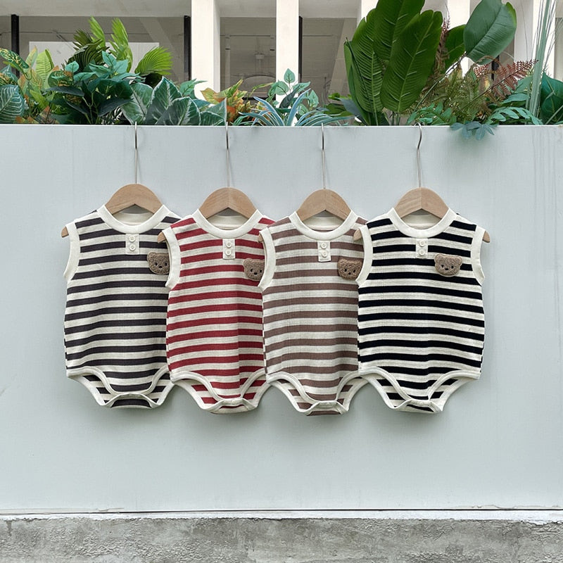 -ベビー ワッフル ボーダー くま ベア ワッペン ノースリーブ ロンパース 4カラー ユニセックス【mh0002070】 - mamahalo shop - ノースリーブロンパース -  べビー服 - 子供服 - 男の子 - 女の子
