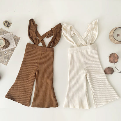 -ベビー キッズ サスペンダーパンツ ニット フリルショルダー サロペットパンツ ワイド フレアパンツ ベージュ ブラウン 2カラー ガールズ 女の子 子供服 - mamahalo shop - サロペットパンツ・サスペンダーパンツ -  べビー服 - 子供服 - 男の子 - 女の子