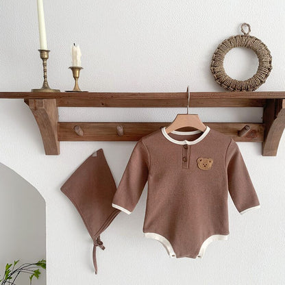 -ベビー ワッフル くま ベア 長袖 ロンパース ボンネット 帽子 セット - mamahalo shop - 長袖ロンパース -  べビー服 - 子供服 - 男の子 - 女の子