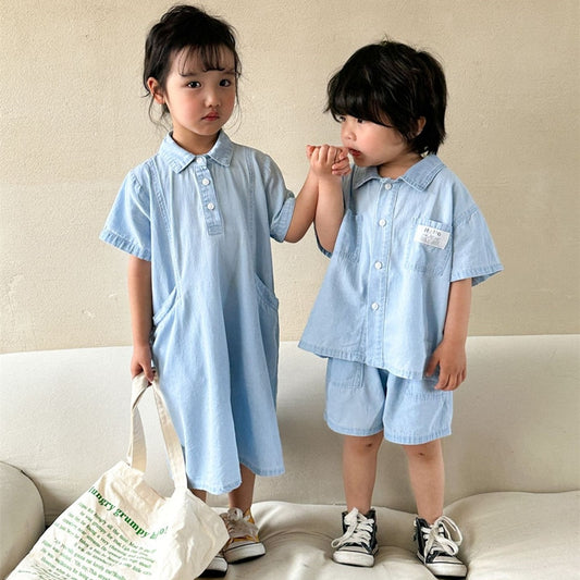 -キッズ デニム ボーイズ セットアップ 半袖 シャツ ショートパンツ ガールズ 半袖シャツ ワンピース リンク 兄弟 姉妹 お揃い コーデ - mamahalo shop - 半袖ワンピース -  べビー服 - 子供服 - 男の子 - 女の子