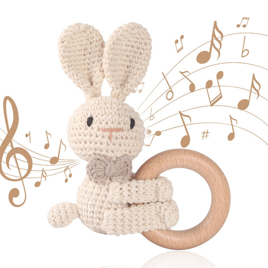 赤ちゃん おもちゃ クマ かぎ針編み 木製 リング ウサギ ラトル ガラガラ - mamahalo shop - がらがら - ベビー服 - 子供服 - 男の子 - 女の子