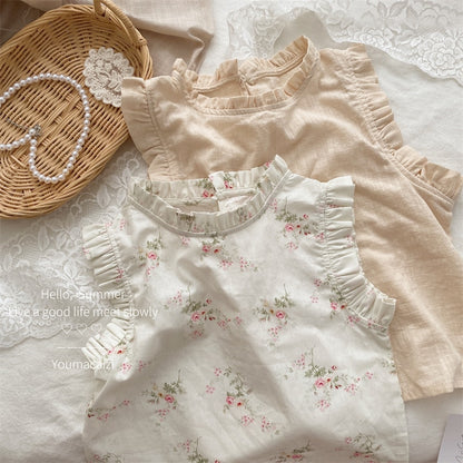 -キッズ フラワー 小花柄 無地 ラッフルフリル ノースリーブ ブラウス トップス アプリコットベージュ ホワイト ガールズ - mamahalo shop - タンクトップ・キャミソール・ノースリーブトップス -  べビー服 - 子供服 - 男の子 - 女の子