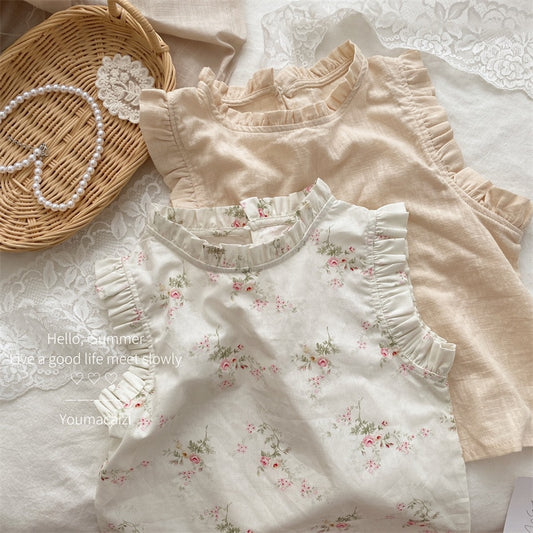 -キッズ フラワー 小花柄 無地 ラッフルフリル ノースリーブ ブラウス トップス アプリコットベージュ ホワイト ガールズ - mamahalo shop - タンクトップ・キャミソール・ノースリーブトップス -  べビー服 - 子供服 - 男の子 - 女の子
