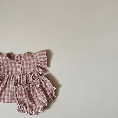 -ベビー セットアップ チェック フリルスリーブ ブラウス トップス ブルマパンツ【mh0001841】 - mamahalo shop - 半袖セットアップ -  べビー服 - 子供服 - 男の子 - 女の子