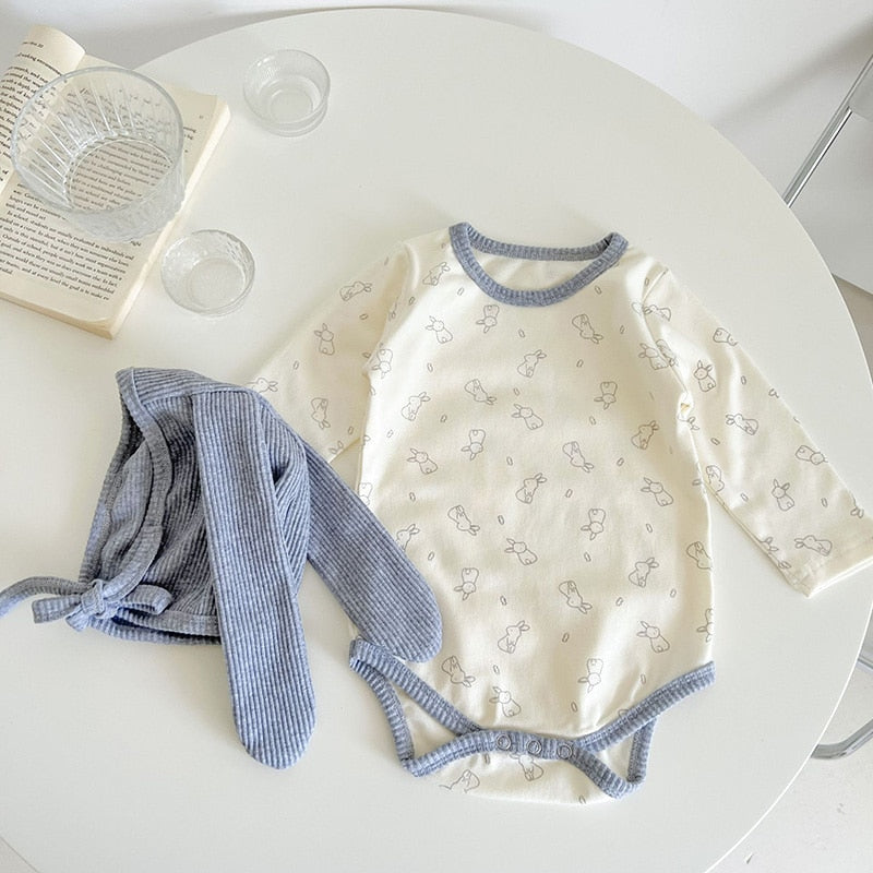 -ベビー バニー うさぎ 長袖 ロンパース うさ耳 ボンネット 帽子 セット - mamahalo shop - 長袖ロンパース -  べビー服 - 子供服 - 男の子 - 女の子