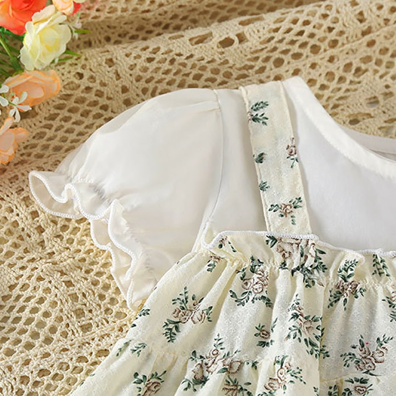 -ベビー フラワー ワンピース ドッキング 半袖 ロンパース ボンネット 帽子 セット - mamahalo shop - 半袖ロンパース -  べビー服 - 子供服 - 男の子 - 女の子