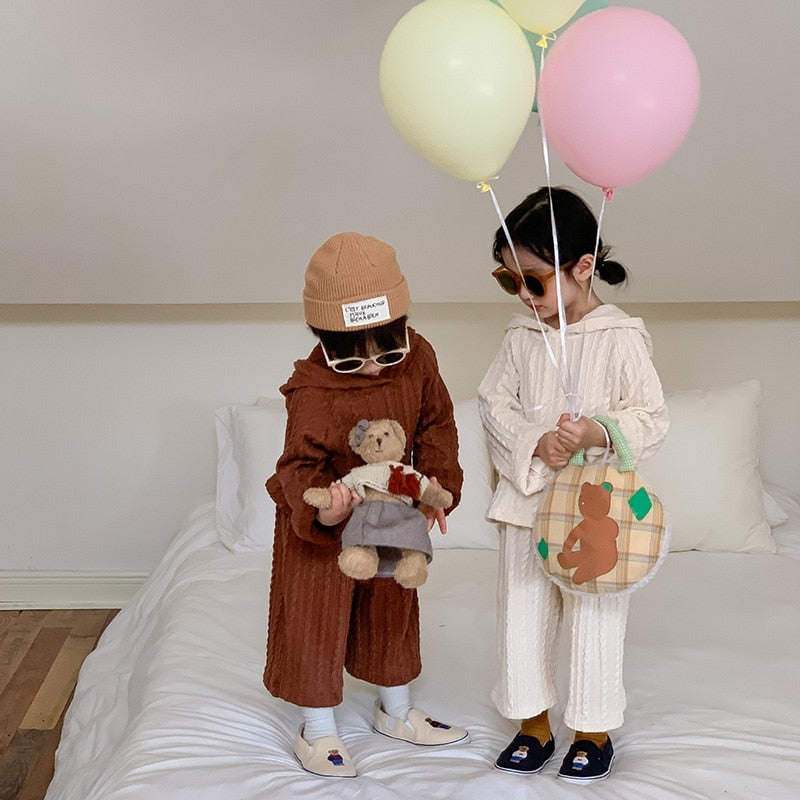 -キッズ ニット セットアップ フーディ パーカー セーター ワイド パンツ - mamahalo shop - 長袖セットアップ -  べビー服 - 子供服 - 男の子 - 女の子