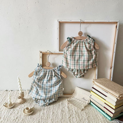 -ベビー チェック セットアップ ノースリーブ ブラウス ブルマパンツ【mh0001839】 - mamahalo shop - ノースリーブセットアップ -  べビー服 - 子供服 - 男の子 - 女の子