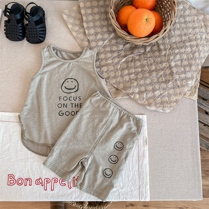 -キッズ スマイル セットアップ タンクトップ ショート レギンスパンツ【mh0001805】 - mamahalo shop - ノースリーブセットアップ -  べビー服 - 子供服 - 男の子 - 女の子