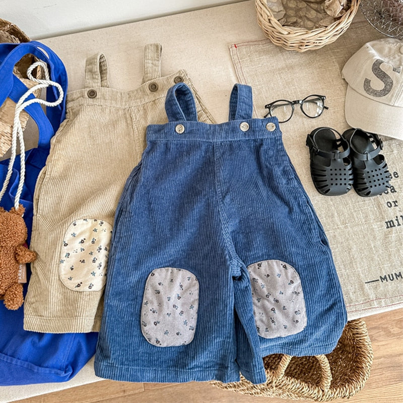-キッズ コーデュロイ フラワー 膝パッチ サスペンダーパンツ サロペット パンツ ガールズ - mamahalo shop - サロペットパンツ・サスペンダーパンツ -  べビー服 - 子供服 - 男の子 - 女の子