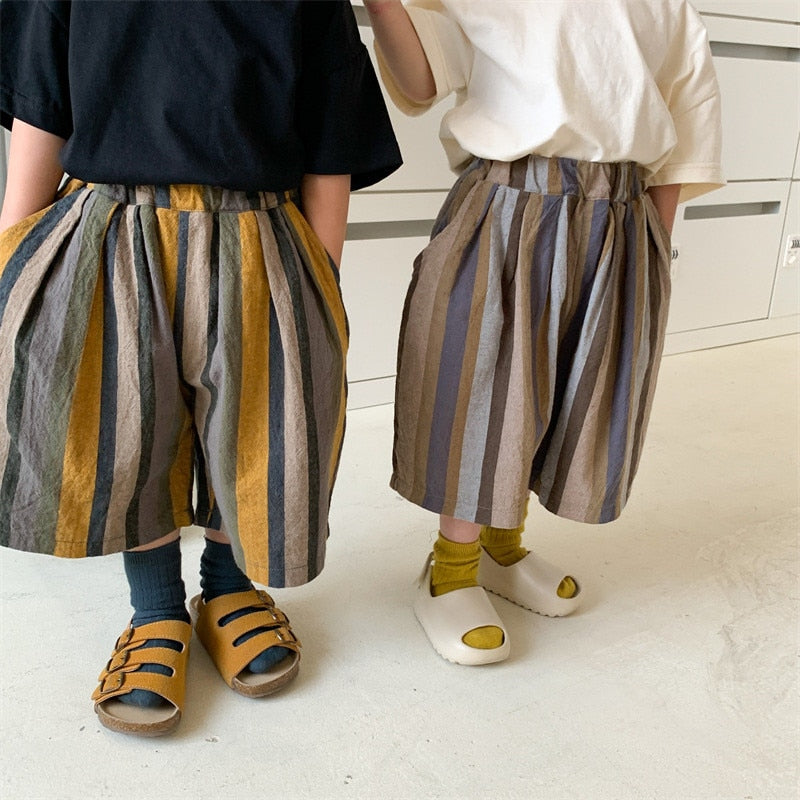 -キッズ ストライプ ルーズ ワイド 半端丈 ガウチョ クロップドパンツ - mamahalo shop - ロングパンツ・スウェットパンツ -  べビー服 - 子供服 - 男の子 - 女の子