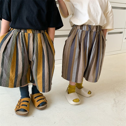 -キッズ ストライプ ルーズ ワイド 半端丈 ガウチョ クロップドパンツ - mamahalo shop - ロングパンツ・スウェットパンツ -  べビー服 - 子供服 - 男の子 - 女の子