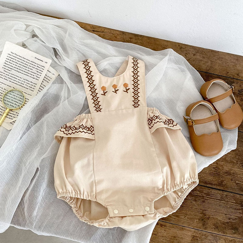 ベビー 刺繍 ステッチ フラワー ノースリーブ ロンパース 半袖 ブラウス シャツ トップス - mamahalo shop - ノースリーブロンパース - ベビー服 - 子供服 - 男の子 - 女の子